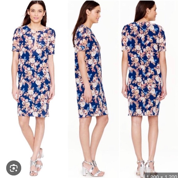 J. Crew NWOT 100% Silk Antique Floral Print Blue Short Sleeve Sheath Dress 4 - Picture 2 of 16
